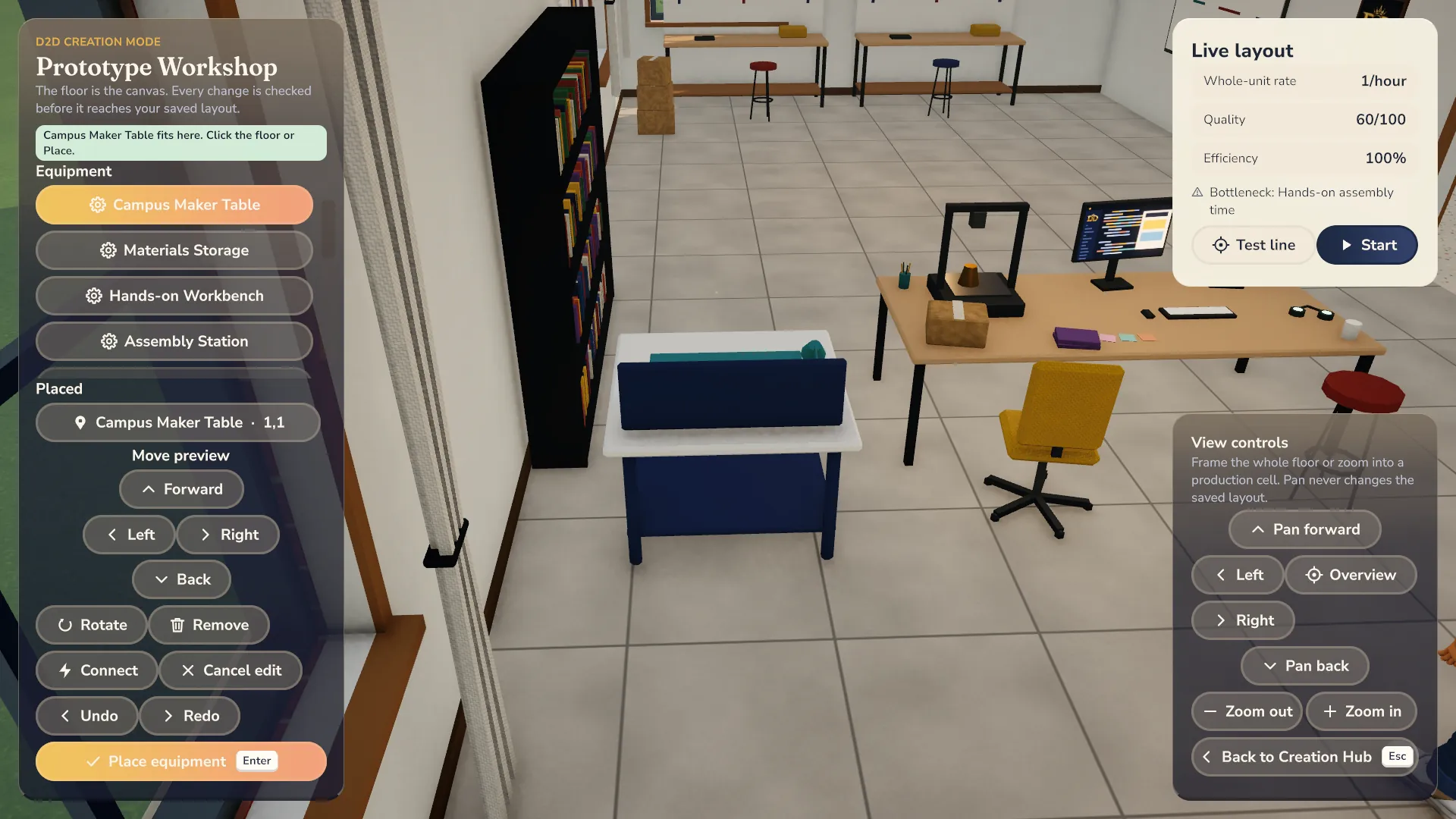 Creation Mode in the Prototype Workshop: placing a Campus Maker Table beside the equipment list, with live layout stats.