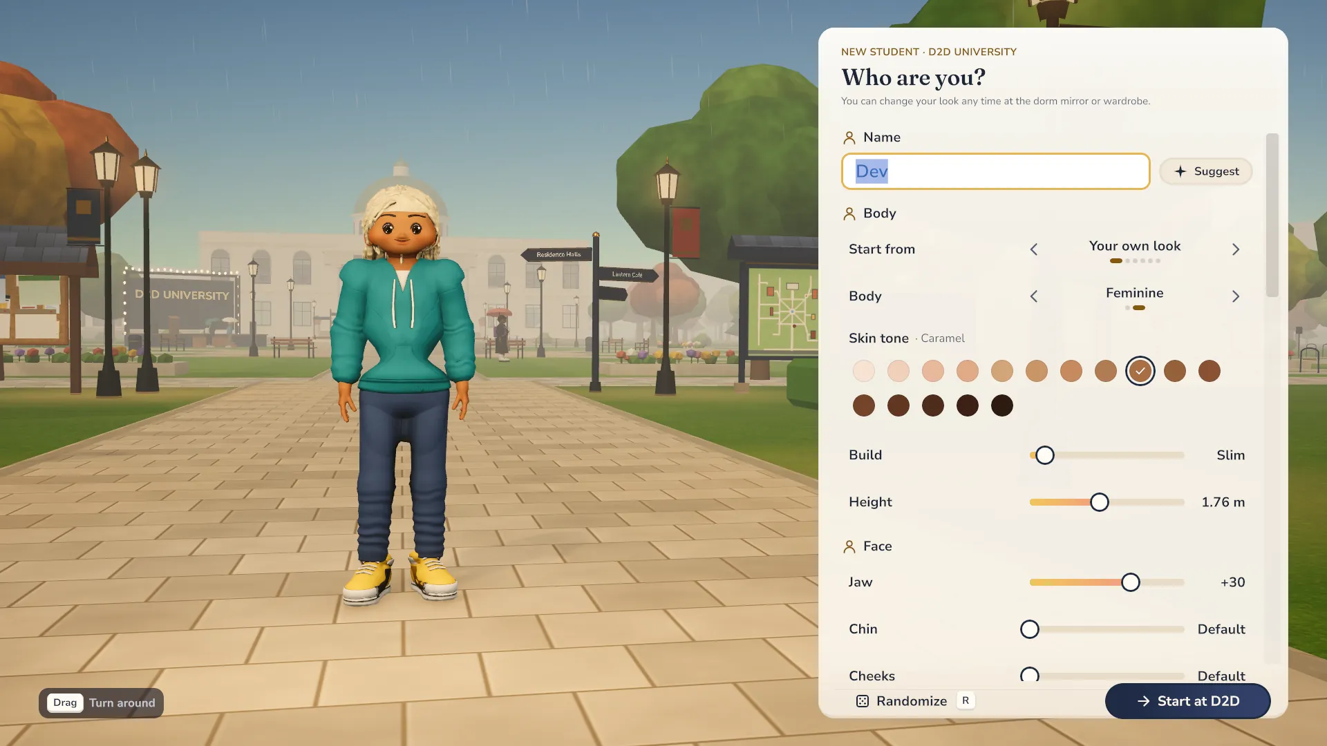 The character creator: a student in a teal hoodie and jeans on a campus path, beside the Who are you? panel with body, skin tone, build, height and face settings.