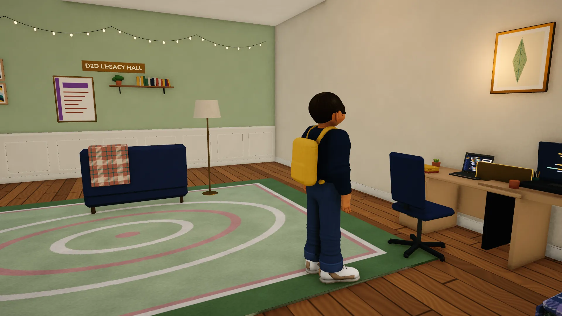 A student with a yellow backpack in a dorm room with string lights, a sofa, a round rug and a desk with a laptop.