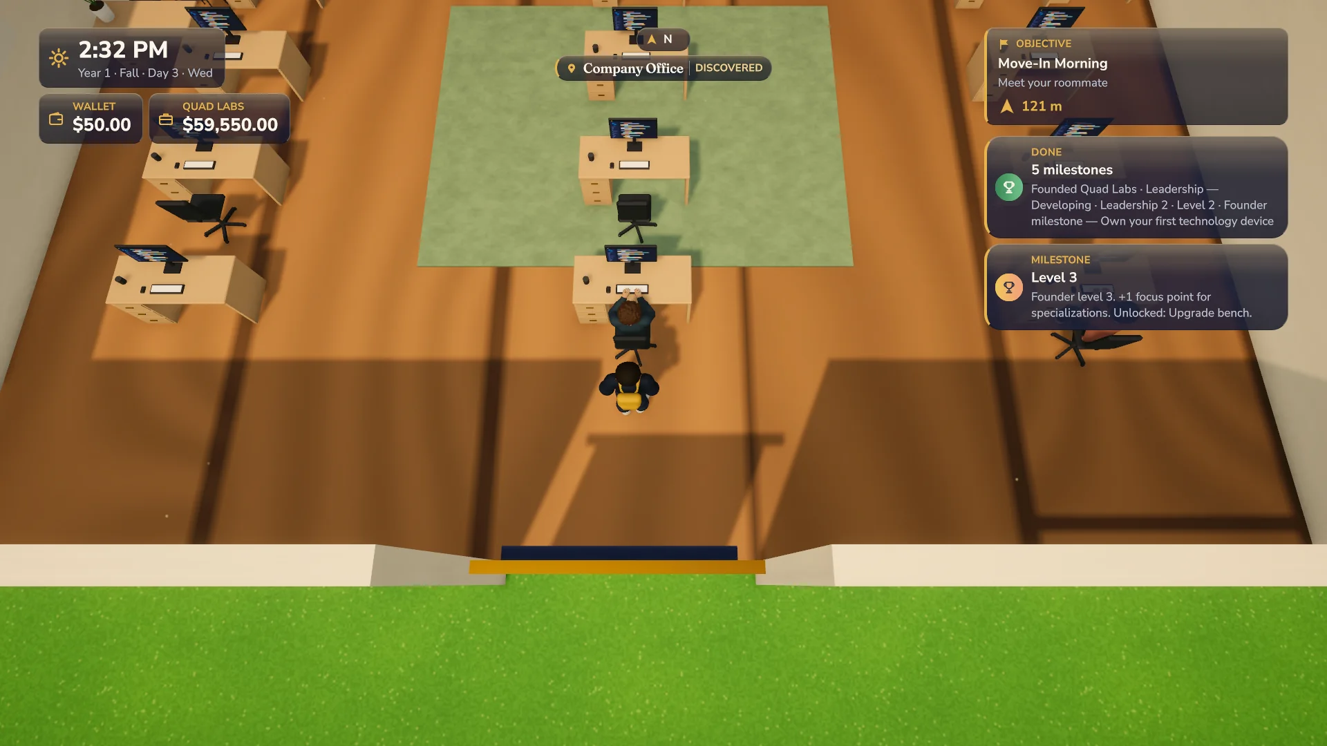 A company office from above: rows of desks with the team at work, with the clock, cash and next goals on screen.