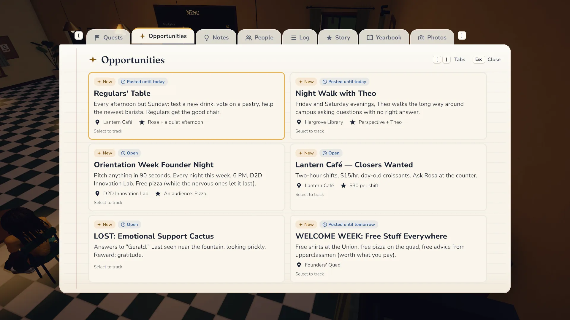 The Opportunities board in the journal: Regulars' Table, Night Walk with Theo, Orientation Week Founder Night and more campus openings.